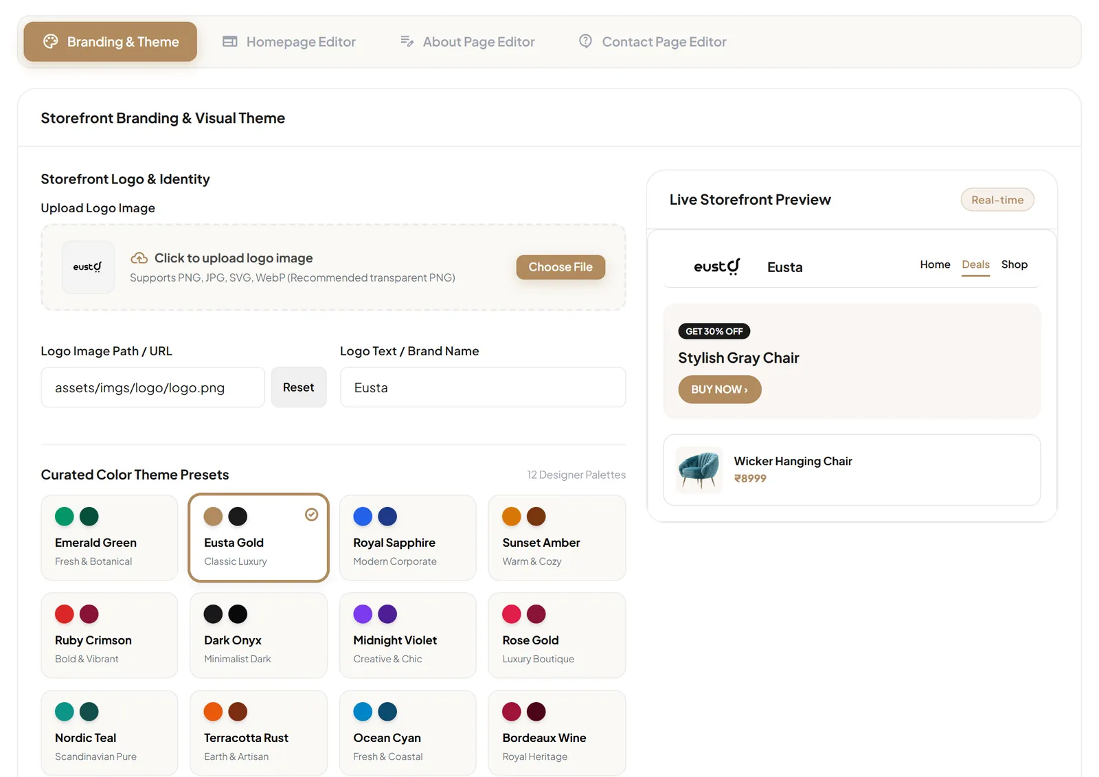 Branding and theme settings: logo upload, brand name, 12 colour presets and a live storefront preview