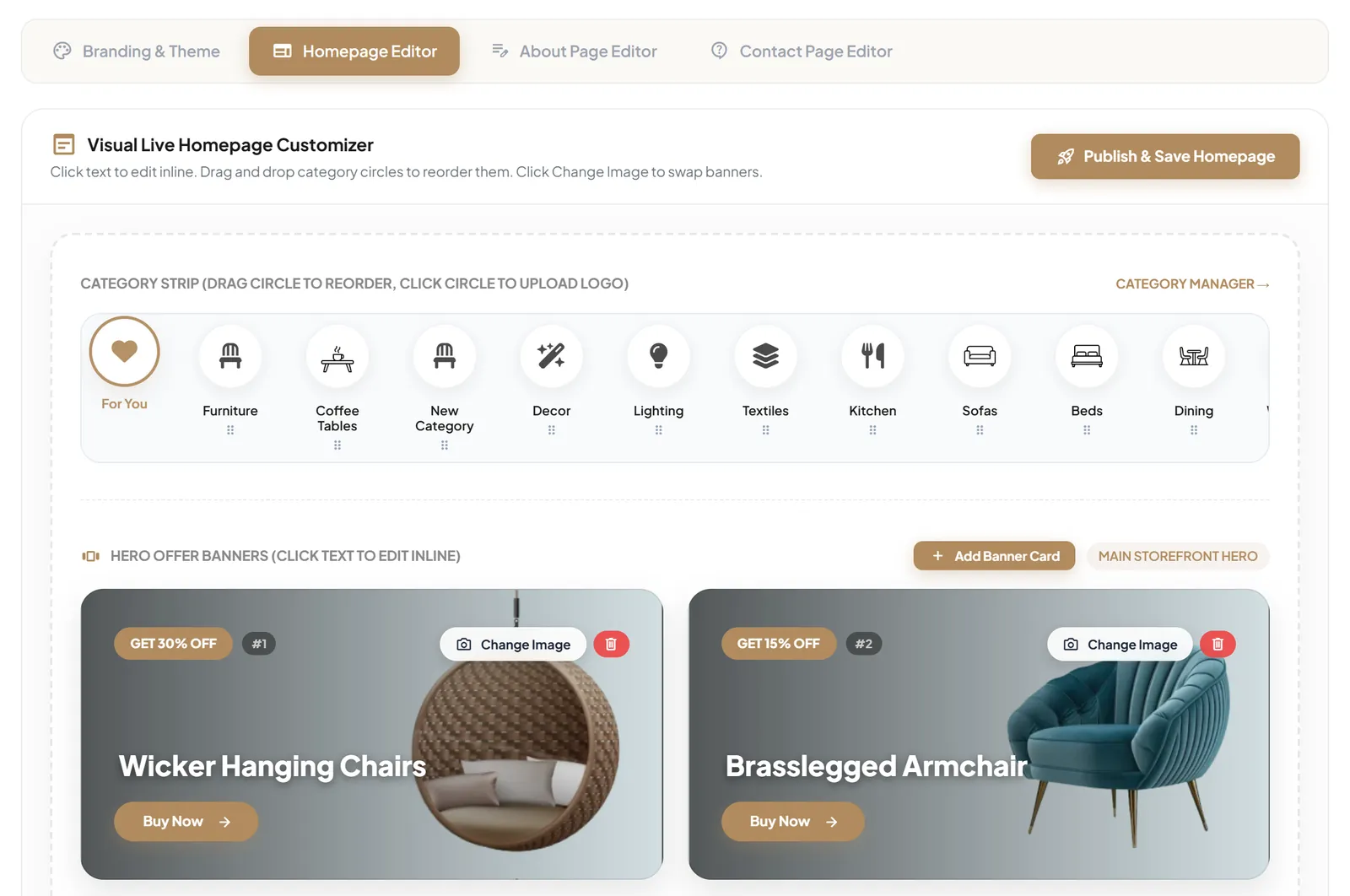 Homepage editor with a draggable category strip and editable offer banners