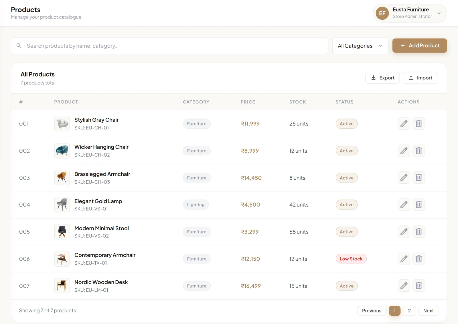 Eusta admin product list with categories, prices, stock and status