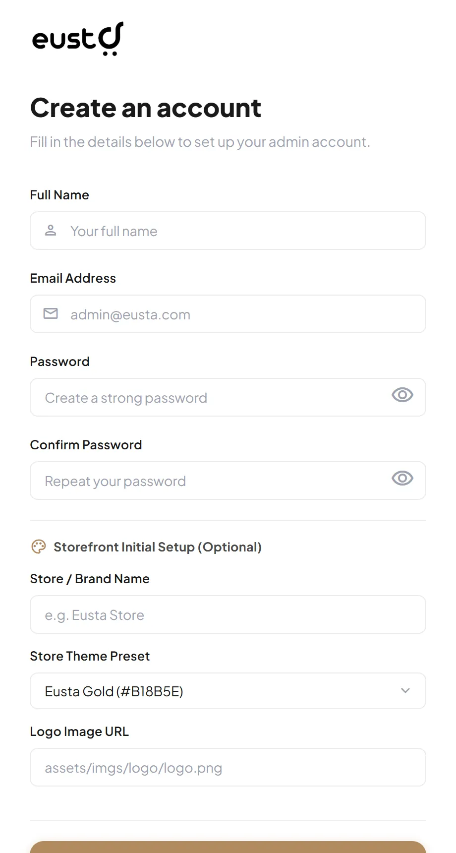 The Eusta sign-up form with fields for your details, store name and theme preset