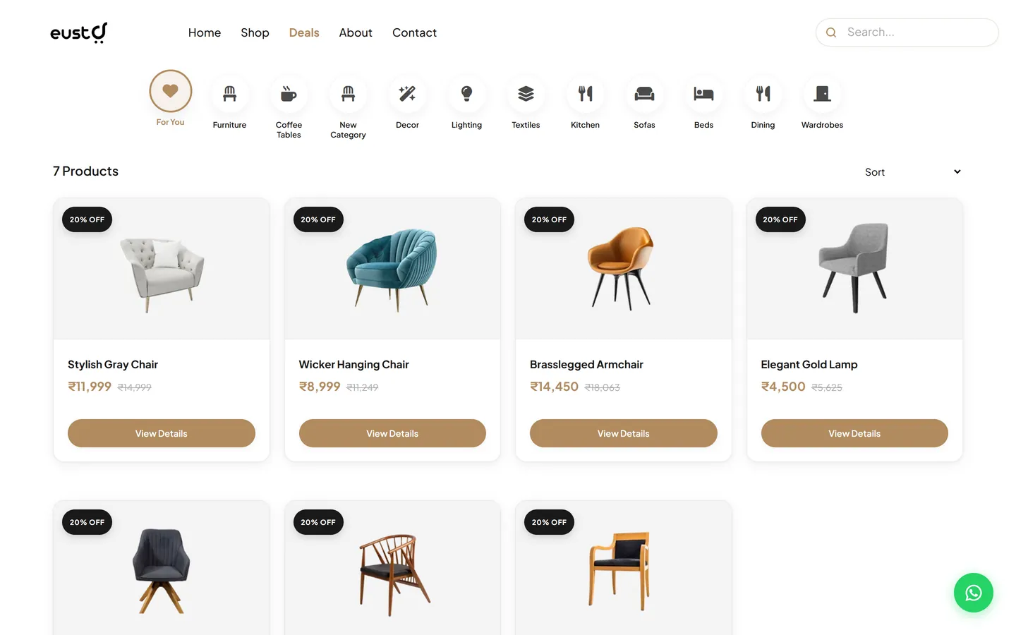 Product grid on an Eusta storefront with photos, prices and View Details buttons